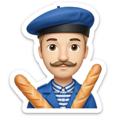 French man with blue and white striped shirt, black beret, holding a baguette, mustache sticker