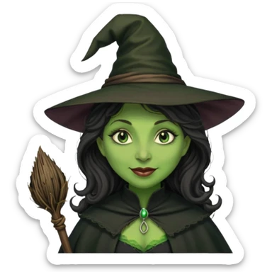elphaba the wicked witch from wicked movie (cynthia erivo) dark long curly hair, thick lips, wide nose, green skins, witch hat, witch broom, evil, wicked musical film, evil smirk evil scary cynthia erivo sticker