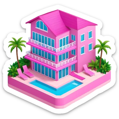 Pink Barbie beachfront mansion, isometric exterior view sticker