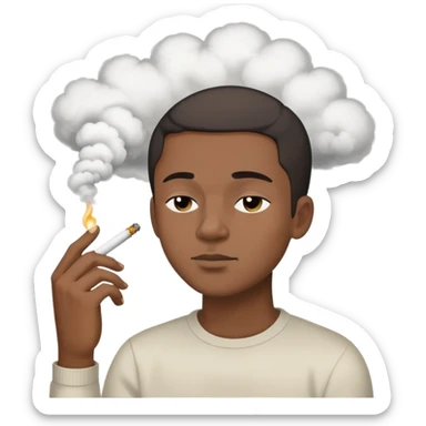 black man with short hair, eyes half-closed, holding a lit joint, smoke cloud sticker