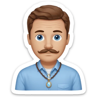 Benson Boone blue eyes, brown wavy hair and mustache, light blue dress shirt with necklace sticker