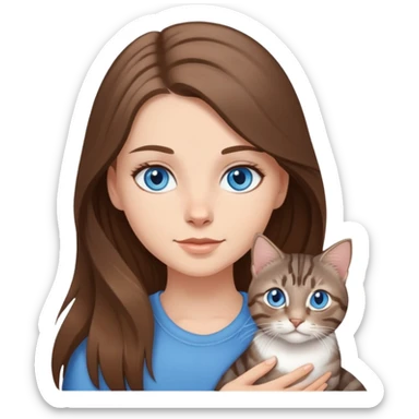 White girl with blue eyes and long brown hair, holding gray tabby cat sticker