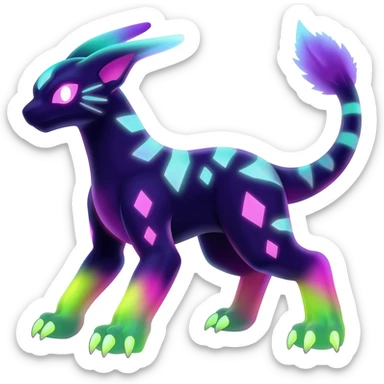 Rare realistic dark-neon glowing bioluminescent edgy badass epic pretty beautiful handsome gorgeous aesthetic colorful vibrant Vernid-Trico-species-Fakemon-creature by LiLaiRa, 4 legs, 1 tail, random markings, (full body) sticker