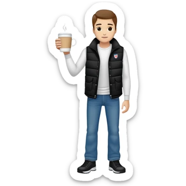 full body man with plain black puffy winter vest with no pockets over long sleeved white shirt wearing straight lboot cut levi blue jeans with no cuffs and white tennis shoes holding one coffee mug in his hand and nothing in his other hand sticker