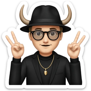 man dressed in black with dark glasses and a black hat making the horns gesture with both hands sticker