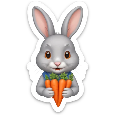 Gray rabbit holding carrot, cute smile, half body sticker