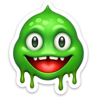 A 2D flat-design green emoji with melting, slimy skin. Its bloodshot eyes glow neon green, and its mouth oozes toxic sludge. 2D flat design, ultra-HD, 8K rendering, bold colors, high contrast, smooth shading, plain white background,  sticker