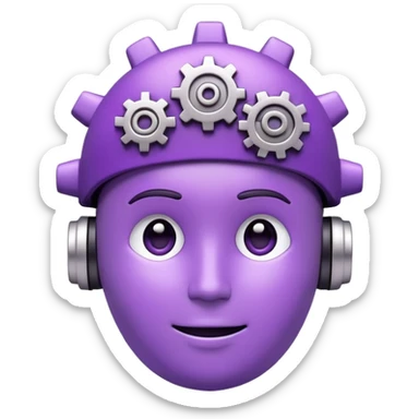 3D emoji of a thinking face with a gear above the head, purple theme, soft glow, chatbot assistant style

 sticker