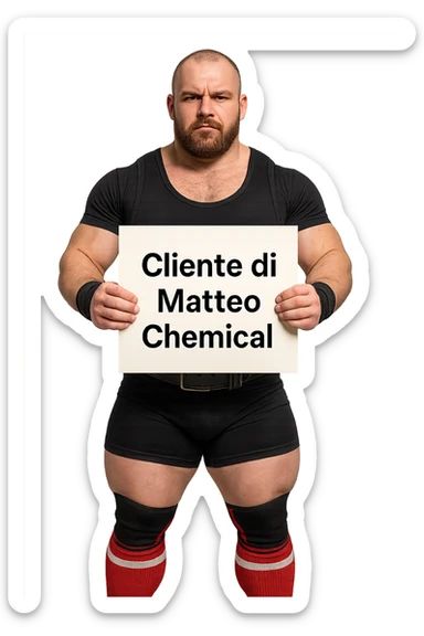 Powerlifter con in mano una targa o un foglio con scritto "Cliente di Matteo Chemical" sticker