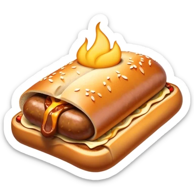 Sausage Sizzle Cinematic Realistic Sausage Sizzle Dish Emoji, depicted as a sizzling sausage tucked into a triangular slice of bread, rendered with rich textures and dynamic, warm lighting. sticker