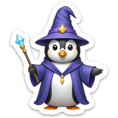 Penguin wearing wizard hat and robe holding a magic wand sticker