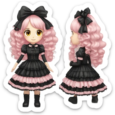 Vestido rosa pastel y negro gothic lolita, cuerpo completo, color de piel morena, pelo largo, pelo de color rojo y negro sticker