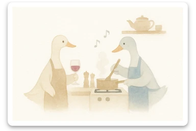 4:3 Monet impressionist scene, two ducks (male and female) cooking, sharing wine, music playing, warm kitchen, dappled light, soft colors, painterly style sticker