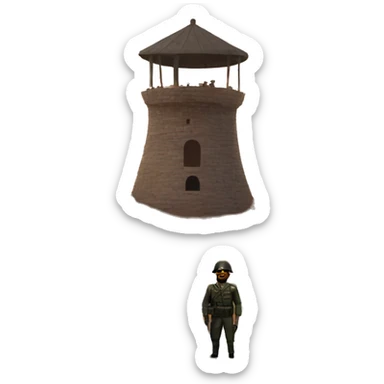 A watchtower at sunset, manned by a soldier  sticker