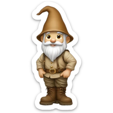 side view of gnome with light tan pants and boots squatting on top of small brown mud sticker