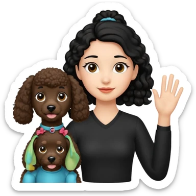Ponytail black hair girl with brown Poodle say goodbye  sticker