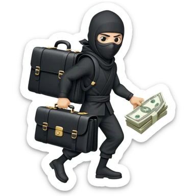 Masked ninja carrying a black briefcase overflowing with dollar bills sticker