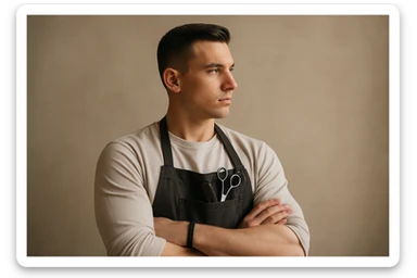 shu pozada turgan faqat o'ng tarafga qarab turgan sartarosh ustani tasvirlab ber realistik uslubda yoshi kattaroq soqol shart emas sticker