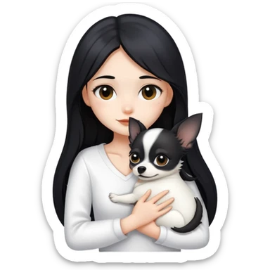 Fair-skinned girl - long black hair - white clothes - hugging a black chihuahua sticker