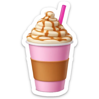 Cute vanilla coffee with caramel drizzle in a pink plastic cup with a straw  sticker