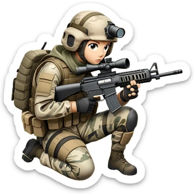 A tactical player in camouflage gear, crouched behind cover with a rifle aimed, ready for action. The scene is set in an outdoor field, with strategic obstacles and soft sunlight, conveying the intensity and teamwork of a competitive airsoft match. sticker