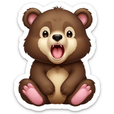 Cinematic Cute Yawning bear cub Portrait Emoji, Head tilted slightly with a dramatic, wide-open yawn, showcasing a soft, plush dark brown fur with drooping ears, round eyes barely open in drowsy contentment, Simplified yet irresistibly adorable features, highly detailed, glowing with a soft, cozy glow, high shine, relaxed yet expressive, stylized with a touch of woodland charm, bright and endearing, soft glowing outline, capturing the essence of a sleepy yet affectionate bear cub, so drowsy it feels like it could lumber out of the screen and curl up for a nap! sticker