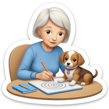 An elderly woman sketching her puppy on the spiral pad. sticker
