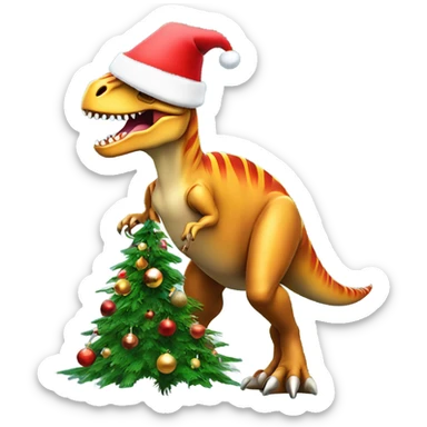 T. rex wearing a Santa hat decorating a Christmas tree sticker