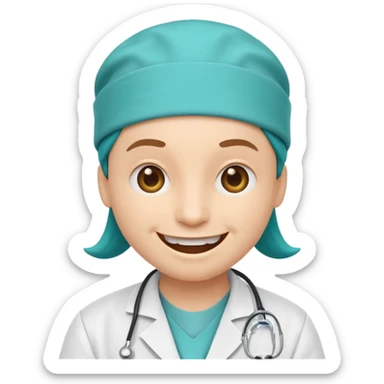 iPhone emoji style smiley face with an extremely wide, exaggerated smile, wearing a white doctor lab coat and teal surgical cap sticker