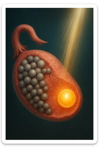 Scientific visualization of a polycystic ovary transforming. The ovary, initially filled with many small, dormant follicles like a cluster of grey pearls, begins to be nurtured. A focused, gentle light and nutrient-rich energy encourage one dominant follicle to mature and glow with a healthy, golden light, symbolizing successful preparation. sticker