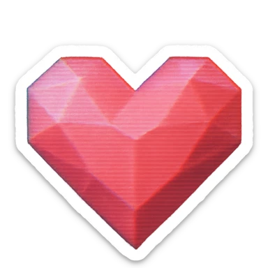 Low-poly 3D heart icon with a cute but vintage feel, slightly pixelated edges, CRT glow effect, pink-to-red gradient with subtle scanline texture, VHS distortion, color bleed, slight blur, static flicker sticker