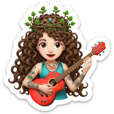 woman with long curly brown hair, brown eyes, white skin, tattoos, wearing a mushroom crown and tuning a neon vine guitar, mischievous rock grin sticker