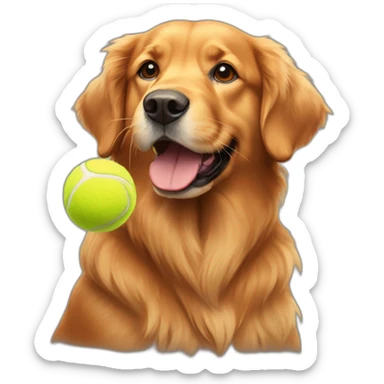 Red Golden retriever with a tennis ball sticker