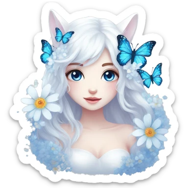 Edgy Cute Cool Kawaii gorgeous sparkly ethereal white fantasy animal with blue eyes sona with flowers and butterflies sticker