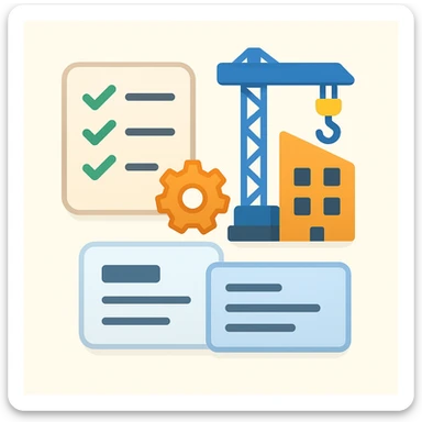 Flat emoji-style illustration of a software registry for a construction company. Includes a checklist/database icon, small gear/settings symbol, building/crane for construction theme, and a simplified UI card with lines for descriptions. Rounded shapes, soft shadows, friendly color palette. Clear, professional, and approachable sticker