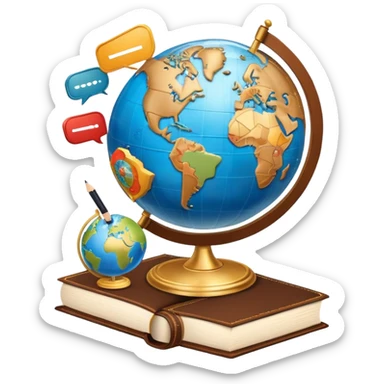 An icon featuring a globe with speech bubbles in different languages, symbolizing the study of foreign languages. The design includes a book and a pencil, representing learning and communication across cultures. Transparent background highlights the global nature of language education. sticker