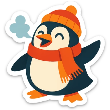 cheerful penguin bundled up in a hat and scarf, with frosty breath and a joyful expression sticker