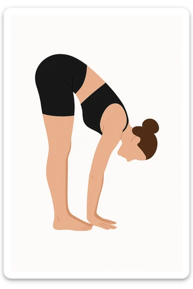 Minimalist flat vector illustration of a woman doing yoga in forward fold pose (Uttanasana), wearing sportswear (black top and black shorts), brown hair in a bun, clean white background, no face details, elegant style sticker