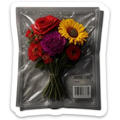 vacuum-sealed bouquet of flowers, flattened in clear plastic sticker