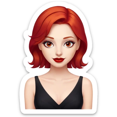 a woman with red hair and red eyes. The woman wear a black dress. She have red lipstick and she have a seductive look and smile sticker