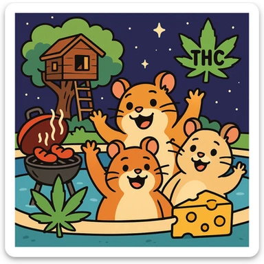 Discord server icon, 512x512 px, square format, summer pool cookout scene with up to 3 hamsters waving and smiling, weed leaf, cheese, and THC theme, near a treehouse, in space. Flat toon style, more saturated colors, bold outlines, nostalgic, fun, inviting, summer party vibe, clear composition, crisp details, designed to look good even at tiny size. sticker