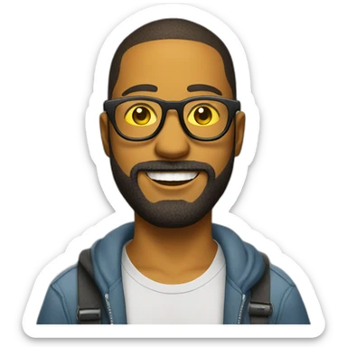 young man with a beard with glasses with yellow lenses holding a microphone sticker