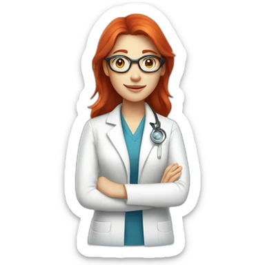 Female scientist in white coat with straight red hair and glasses blue eyes sticker