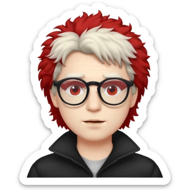 guy with fluffy hair , glasses and red eyes like from weed sticker
