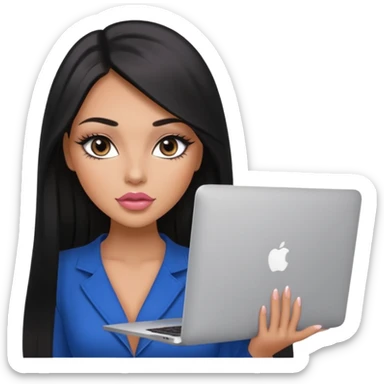 Glamours, tanned, very beautiful girl, with big pump peach-beige-rose lips, eyeliner, long long lashes, black straight smooth silky long hair, straight parting hair, blue-grey eyes with macbook sticker