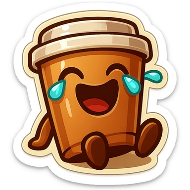 Tall coffee cup, laughing hard, tears in eyes, sitting on ground, tilted back, dramatic laugh sticker