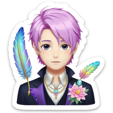 Beautiful gorgeous anime gentleman with beautiful iridescent-special-hair, fashion aesthetic, ethereal, fairycore, pastelcore, feather, flower, gems, accessories, jewelries, gold, colorful sticker