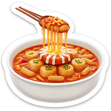Cinematic Realistic Tteokbokki Dish Emoji, showcasing spicy, chewy rice cakes in a fiery sauce rendered with lifelike detail and bold, dynamic lighting. sticker