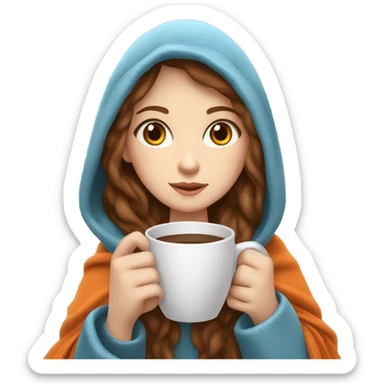 White girl with brown hair and blue eyes drinking coffee. With a white and orange cat and a blanket around them cuddled up sticker