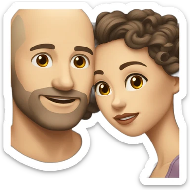 caucasian bald man with grey eyes and a caucasian woman with long curly dark hair and brown eyes kissing sticker